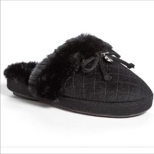 Michael Kors Black Quilted Faux-Fur Trim Slip-On Slippers